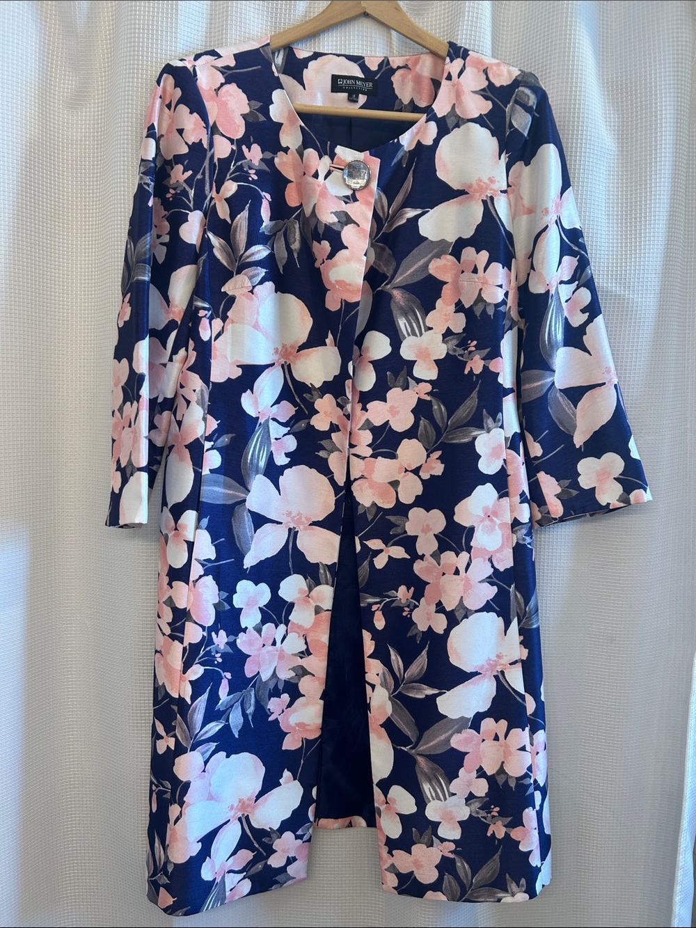 John Meyer Collarless Charming Floral Longline Coat- Navy & Pink 10, Lined EUC